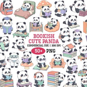 May include: A selection of cartoon pandas engaged in reading, with some wearing glasses, graduation caps, or lab coats. The image features the text "Bookish Cute Panda" and "50+ PNG".