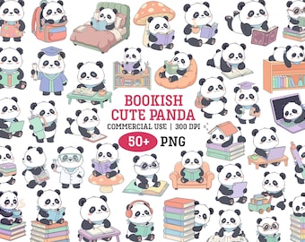 Bokälskare Panda Png Kawaii Boklig Panda Läser Clipart Tillbaka till skolan Digitalt Klistermärke