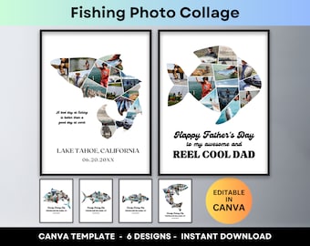 May include: A digital collage template featuring six different designs of a fish silhouette made up of photos. The template is editable in Canva and includes the text "Happy Father's Day to my awesome and REEL COOL DAD".