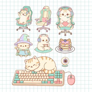 May include: A collection of cute cartoon cat illustrations. Cats are depicted in various scenarios, including gaming chairs, wearing headsets, and playing video games. Other images include pancakes, a keyboard, a mouse, and a webcam.