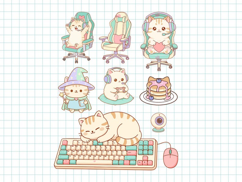 May include: A collection of cute cartoon cat illustrations. Cats are depicted in various scenarios, including gaming chairs, wearing headsets, and playing video games. Other images include pancakes, a keyboard, a mouse, and a webcam.