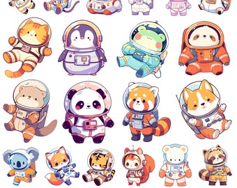 Cute Animal Astronaut Clipart Kawaii Animal Cartoon PNG Bundle Set Astronaut Helmet Illustration Digital Sticker Outer Space Birthday Décor