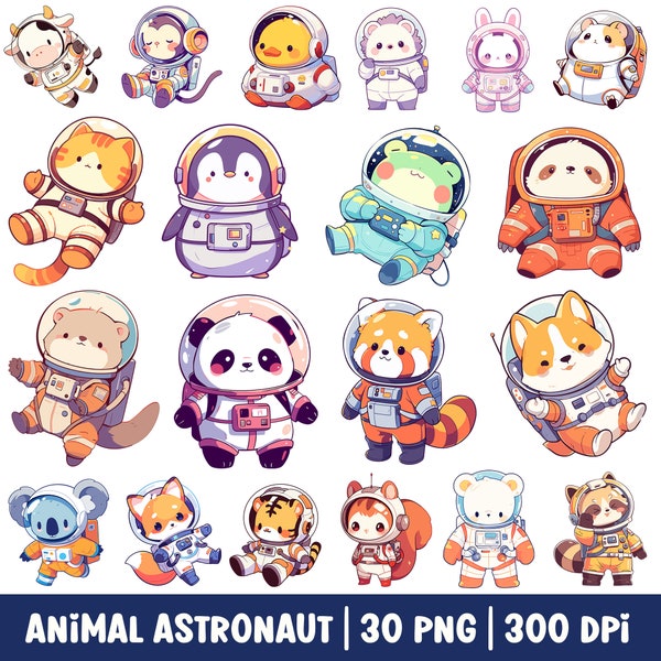 Cute Animal Astronaut Clipart Kawaii Animal Cartoon PNG Bundle Set Astronaut Helmet Illustration Digital Sticker Outer Space Birthday Décor