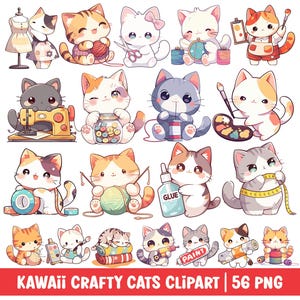 Kawaii Katten Knutselen Clipart Artistiek Knutselen Schattig PNG Bundel Naaien Breien Schilderij Cartoon Afbeelding DIY Craft Tools Sublimatieafbeelding
