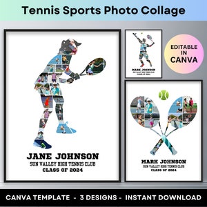 Collage de photos de tennis, joueur de sport, athlète senior, cadeau de remise des diplômes, entraîneur de tennis, collage de photos, affiche imprimable personnalisée, modèle de toile