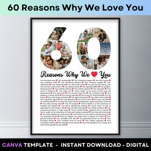 Modèle sur toile 60 raisons pour lesquelles nous t'aimons Collage photo Raisons pour lesquelles je t'aime 60e anniversaire impression d'affiche cadeau pour maman papa grand-père grand-mère Modèle sur toile