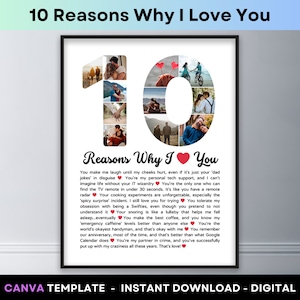 10 Reasons Why I Love You Photo Collage Canva Template Couple Anniversary Gift Reasons Why We Love You Printable 10th Birthday Poster Print