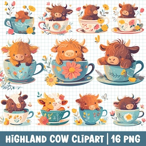 Simpatica mucca delle Highland in tazza da tè Clipart PNG trasparente Set di pacchetti Tea Party Illustrazione ad acquerello Decorazioni per feste di compleanno Kids Craft Baby Shower