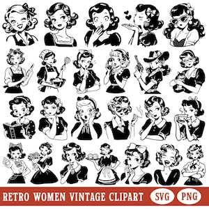 レトロな主婦 SVG バンドル ヴィンテージ女性 PNG クリップアート 面白い皮肉な大人のユーモア 生意気な女性 レトロな顔 昇華画像 シルエット ベクター