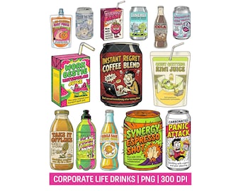 Office Humor Beverage PNG Bundle, Corporate Burnout Drinks Clipart, Retro Groovy PNG, Funny Work Stickers, Sarcastic Office Meme Sublimation