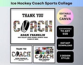 Ice Hockey Coach Photo Collage Thank You Coach Gift Senior Night Printable Sports Poster Farewell Teacher Appreciation Puck Canva Template