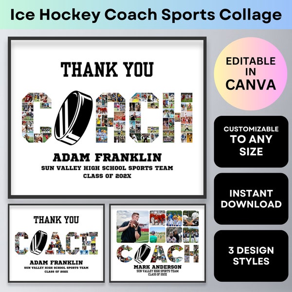 Collage de photos d'entraîneur de hockey sur glace Merci cadeau d'entraîneur Poster de sport imprimable de soirée pour les seniors Modèle sur toile d'adieu pour l'appréciation du professeur