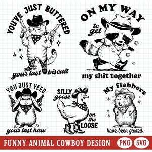 Lustige Tier Cowboy PNG Vintage Western Clipart Bundle Humorvolle sarkastische Zitate T-Shirt Design Retro druckbare Aufkleber Sublimationsbild