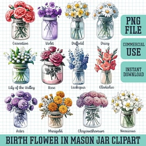 Geburtsblume PNG Blumen Aquarell Clipart Transparent PNG Bundle Set Vintage Geburtstag Monat Blumen im Einmachglas Wildblume Botanische Kunst