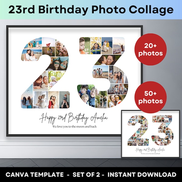 23rd Birthday Number 23 Photo Collage Printable Canva Frame Template 23rd Anniversary Picture Poster Birthday Gift Son Daughter 16x20 8x10