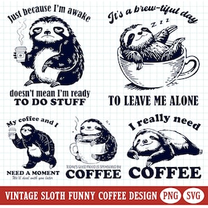 Vintage paresseux PNG drôle de café amateur citations fichier SVG Bundle de cliparts humoristique sarcastique café T-shirt design rétro autocollants imprimables