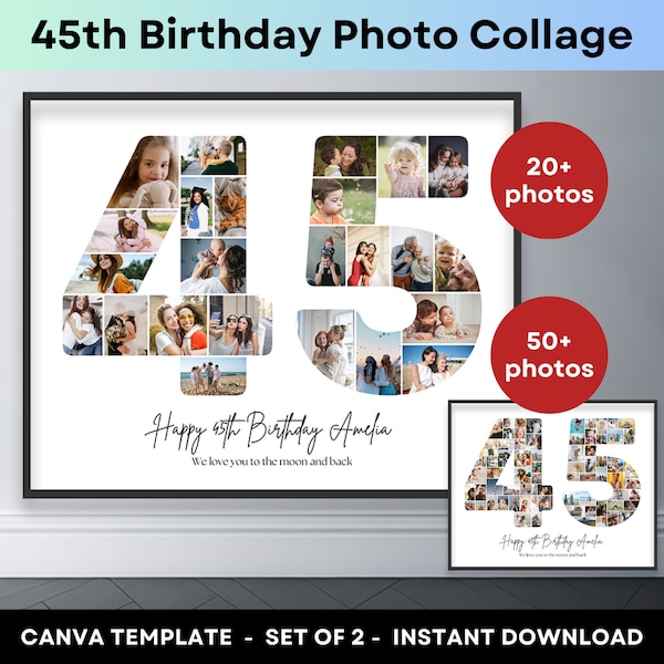 45th Birthday Gift Number 45 Photo Collage Printable Canva Frame Template 45th Wedding Anniversary Gift Picture Collage Poster 16x20 8x10