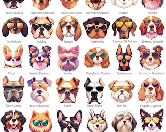 Dog Breed Clipart Cute Dog Face PNG Bundle Cool Summer Dog in Sunglasses Funny Dog Lover Cartoon Dog Mom Dog Dad Dog Head Digital Sticker