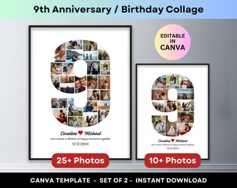 9th Anniversary Number 9 Photo Collage 9th Birthday Gift Personalized Anniversary Gifts for Husband Wife Boyfriend Girlfriend Canva Template