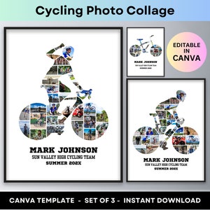 Collage de fotos de ciclismo, regalo personalizado de foto de bicicleta para ciclista, padre e hijo, atleta, graduación, póster de carrera ciclista, plantilla de lienzo de arte de pared