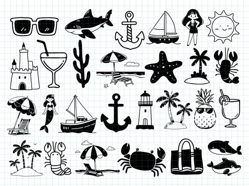 Beach Doodle SVG Bundle Hot Summer PNG Clipart Coastal Bachelorette ...