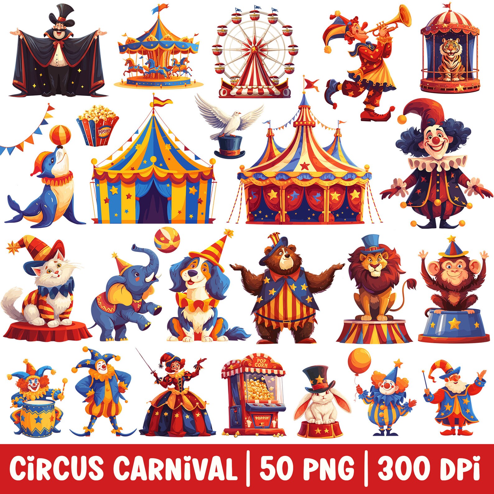 Cute Circus Clipart Vintage Circus Animal PNG Bundle Set Watercolor ...