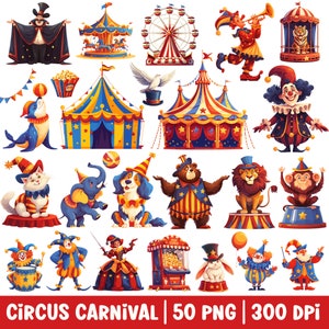 Cute Circus Clipart Vintage Circus Animal PNG Bundle Set Watercolor Illustration Carnival Kids Birthday Party Décor Cartoon Digital Sticker