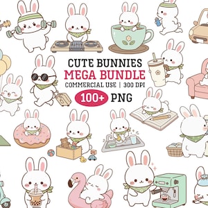Conjunto de pegatinas digitales con ilustración de dibujos animados de actividades cotidianas de conejito PNG