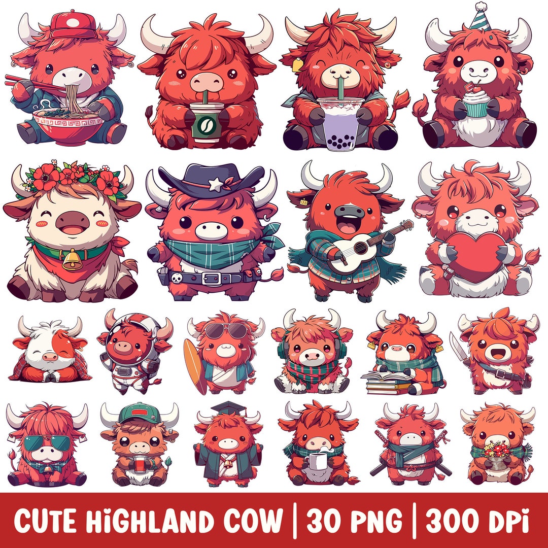 Cute Highland Cow Clipart Kawaii Baby Farm Animal PNG Bundle Set ...