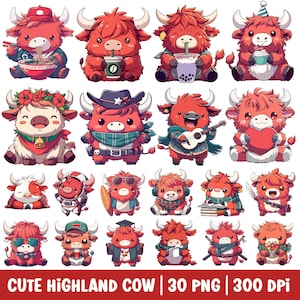 Süße Highland Kuh Clipart Kawaii Baby Bauernhof PNG Bundle Aquarell Illustration Lustige digitale Aufkleber Sublimation Bild Kinder Handwerk