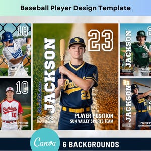 Op de afbeelding: Baseball speler ontwerp sjabloon met zes achtergronden. De sjabloon toont honkbalspelers in actie, met hun namen, nummers en team informatie. Het ontwerp bevat verschillende poses en uniformen, met de tekst "Baseball Player Design Template" bovenaan.
