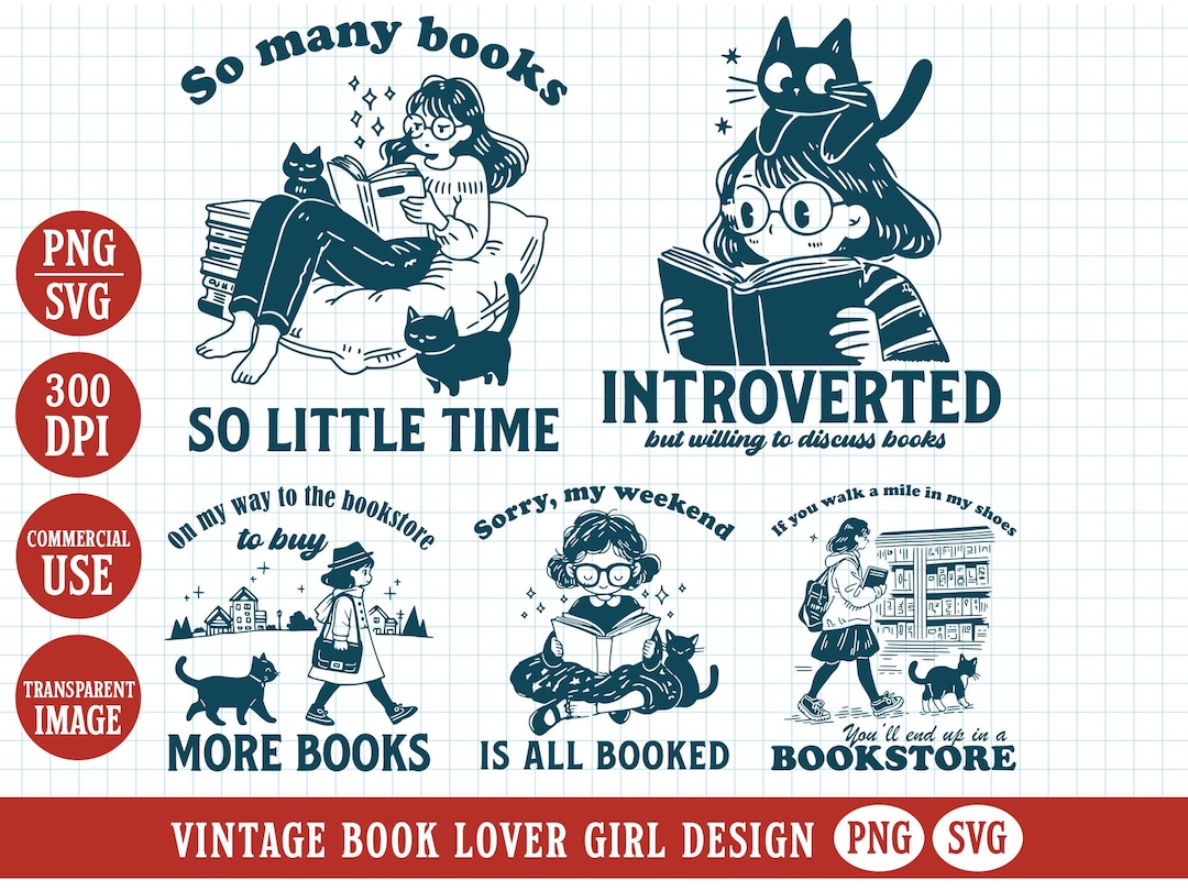 Vintage Book Lover PNG Girl Reading SVG File Funny Bookish Clipart ...