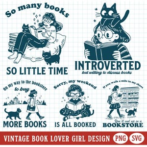 Vintage Book Lover PNG Girl Reading SVG File Funny Bookish Clipart Bundle Printable Stickers  Cat Lover Sublimation Image Commercial Use
