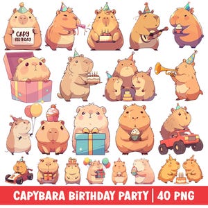 Niedliches Capybara Geburtstag Clipart PNG Bundle Kawaii Capybara Party Dekoration für Kinder Tier Cartoon Illustration Alles Gute zum Geburtstag Kuchen Ballon