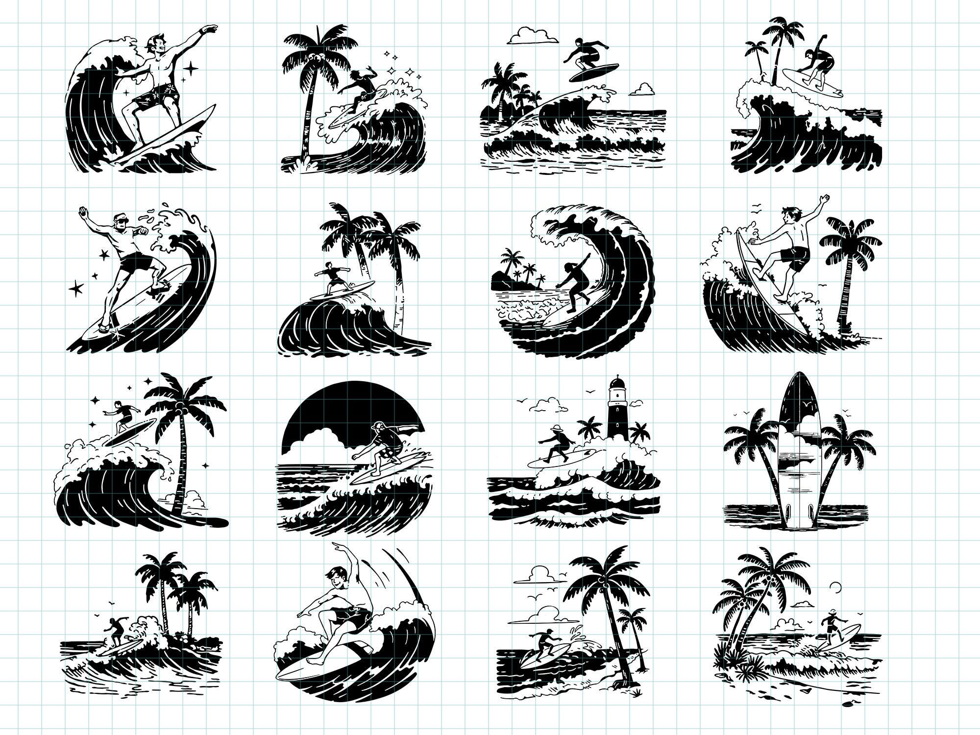Vintage Surfing PNG Clipart Summer Beach SVG Retro Surfer Silhouette ...