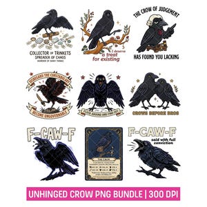 Kaoskråka PNG-design rolig sarkastisk korp clipart-paket för T-shirttryck trendande klistermärke kommersiell användningsfil