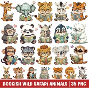Animals Reading Book Watercolor Clipart Cute Bookish Animal PNG Bundle Set Book Lover Graphic Children Nursery Art Safari Zoo Wild Animal