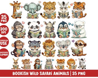 Animals Reading Book Watercolor Clipart Cute Bookish Animal PNG Bundle Set Book Lover Graphic Children Nursery Art Safari Zoo Wild Animal