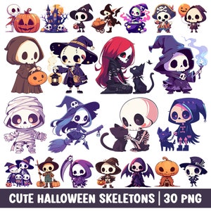 Halloween Skeletons Clipart Cute Skull PNG Bundle Set Kawaii Spooky Cartoon Illustration Halloween Costume Witch Pumpkin Black Cat Wizard