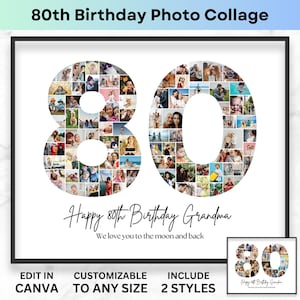 Collage del número 80 Collage de fotos del número 80 para el cumpleaños número 80 Plantilla de collage de Canva imprimible Póster de collage de imágenes Regalo de cumpleaños Abuela Abuelo