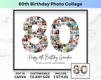 Number 80 Collage 80th Birthday Number Photo Collage Printable Canva Collage Template Picture Collage Poster Birthday Gift Grandma Grandpa