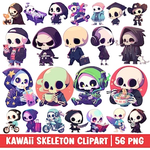 Kawaii Skeletons Clipart Cute Skull PNG Bundle Set Skeleton Cartoon Illustration Reading Drink Coffee Boba Tea Eat Ramen Biker Gamer Cat Dog