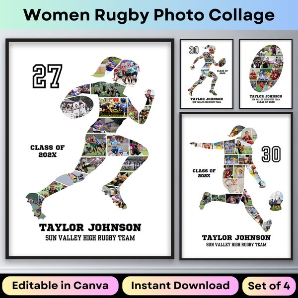Women Rugby Sports Photo Collage Girl Rugby Player Athlete Senior Night Graduation Gift Picture Collage Printable Poster Canva Template