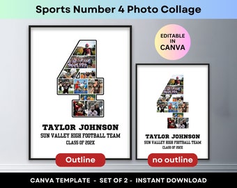 Sports Photo Collage Player Number 4 Graduation Gift Senior Night 2024 Athlete Poster Football Basketball Baseball Soccer Canva Template