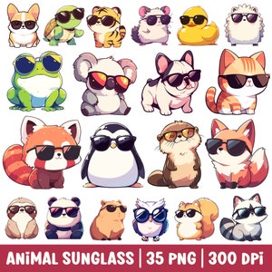 Cool Animal usando gafas de sol Clipart lindo animal dibujos animados PNG paquete conjunto divertido verano Kawaii animal anime ilustración pegatina digital