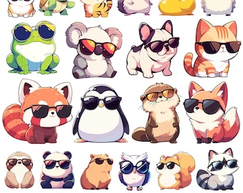 Cool Animal Wearing Sunglasses Clipart Cute Animal Cartoon PNG Bundle Set Funny Summer Kawaii Animal Anime Illustration Digital Sticker