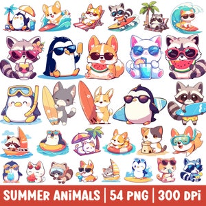 Cute Summer Animal Clipart Kawaii Animals PNG Bundle Surfing Snorkeling Picnic Beach Cat Corgi Dog Penguin Raccoon Cartoon Digital Sticker