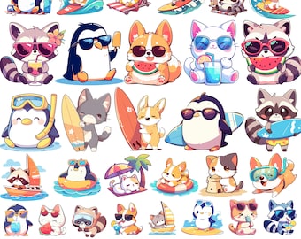 Cute Summer Animal Clipart Kawaii Animals PNG Bundle Surfing Snorkeling Picnic Beach Cat Corgi Dog Penguin Raccoon Cartoon Digital Sticker