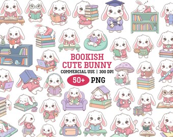 Bokälskare kanin png kawaii kaninläsning clipart tillbaka till skolan boklig digital klistermärke