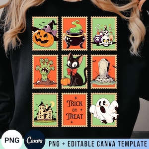 Rétro Halloween PNG vintage saison fantasmagorique conception de timbre-poste Image par sublimation chat fantôme automne citrouille sorcière potion zombie modèle de toile